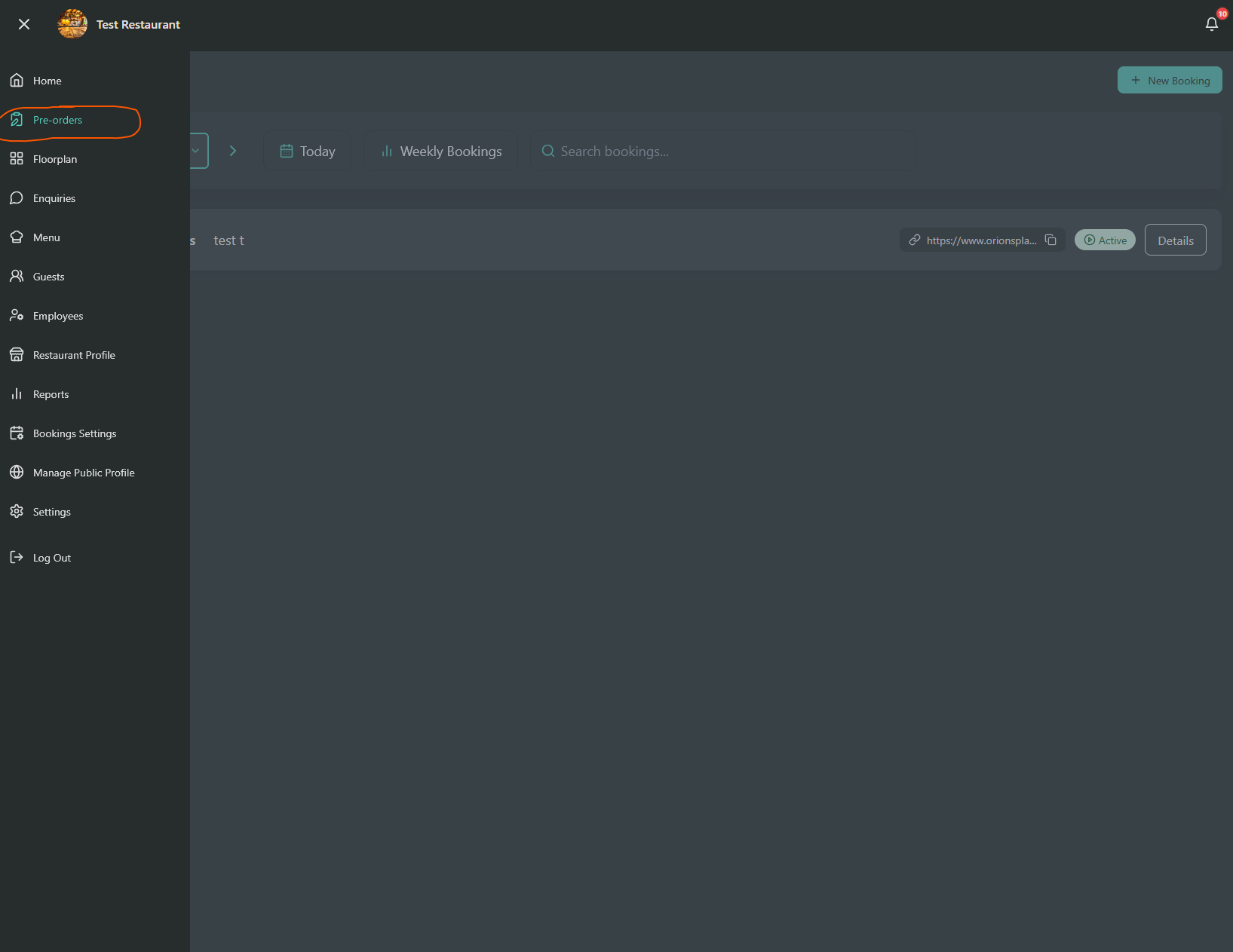 Left sidebar with Pre-orders highlighted; bookings list shown on the right