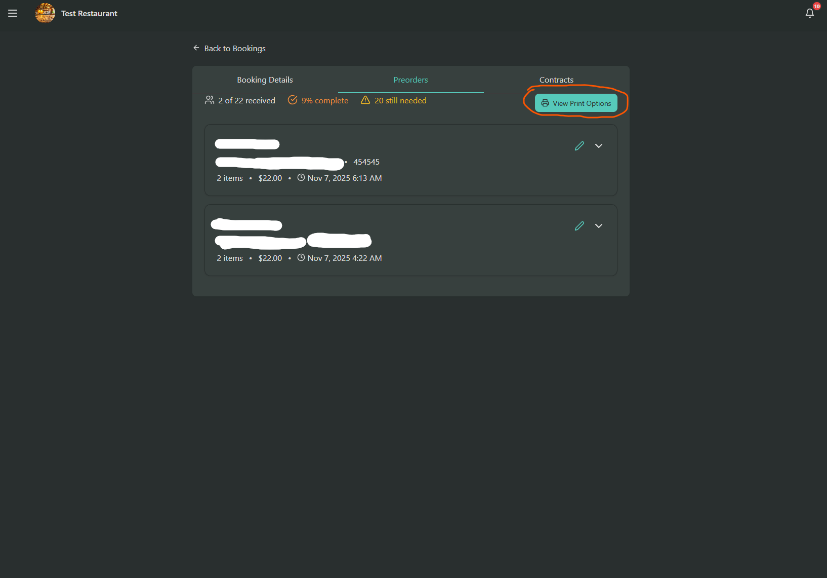 Preorders tab showing guest cards and a top-right View Print Options button