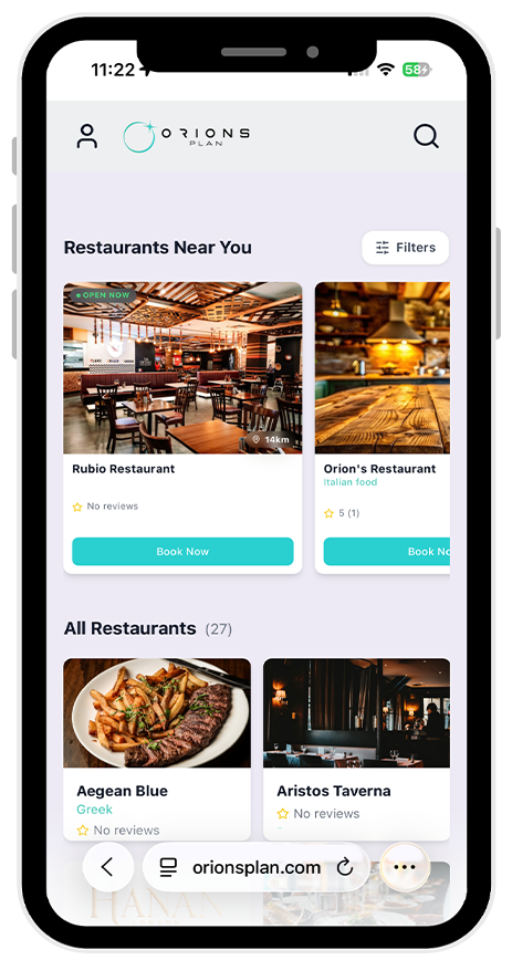 Orion's Plan mobile app showing nearby restaurants